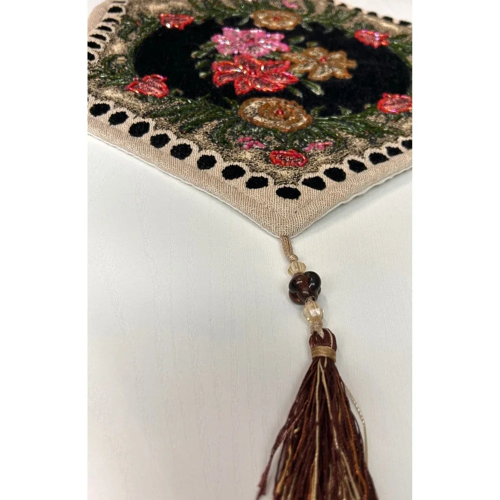 Vintage Hexagonal Velvet Floral Beaded Table Dresser Runner Tassel Accent